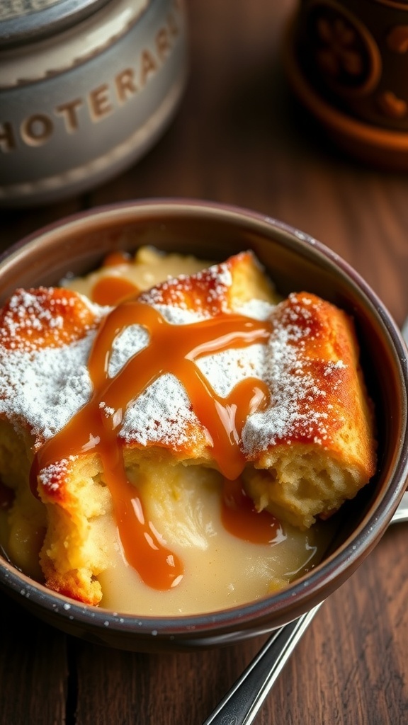 A warm bowl of bread pudding topped with powdered sugar and caramel sauce, set on a rustic table.